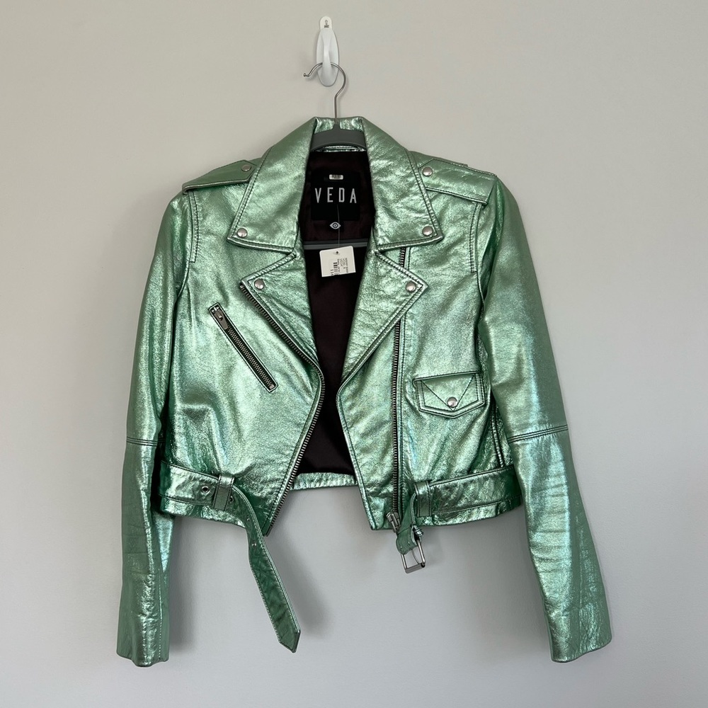 VEDA Women's Light Green Metallic 100% Genuine Lamb Leather Moto Jacket NEW